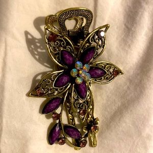 Purple-rhinestone hair clip / gold toned